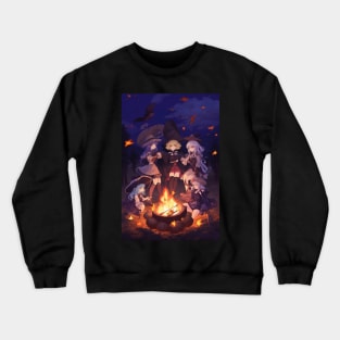 Cute Anime Witches at the Campfire with Glowing Embers Crewneck Sweatshirt